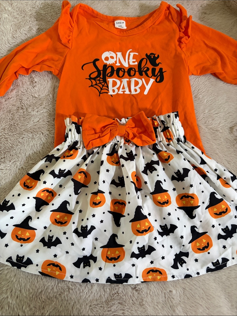 SHEIN Orange Halloween Pumpkin & Bat Dress with Bow